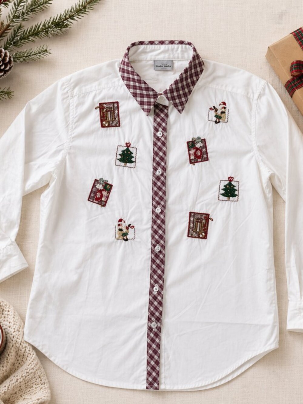 Bobbie Brooks White Plaid Trim Christmas Holiday Shirt Size L
